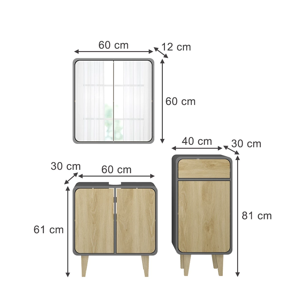 Vicco Badmöbel-Set Anthrazit/Eiche 3 Teile, mit Midischrank, Arla