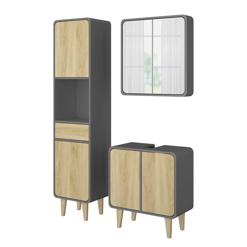 Vicco Badmöbel-Set Anthrazit/Eiche 3 Teile, mit Hochschrank, Arla