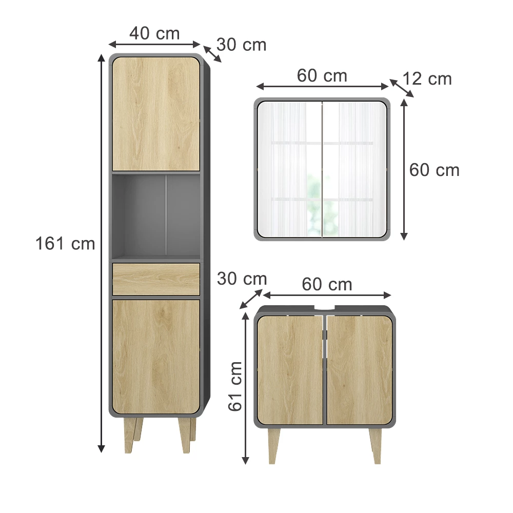 Vicco Badmöbel-Set Anthrazit/Eiche 3 Teile, mit Hochschrank, Arla