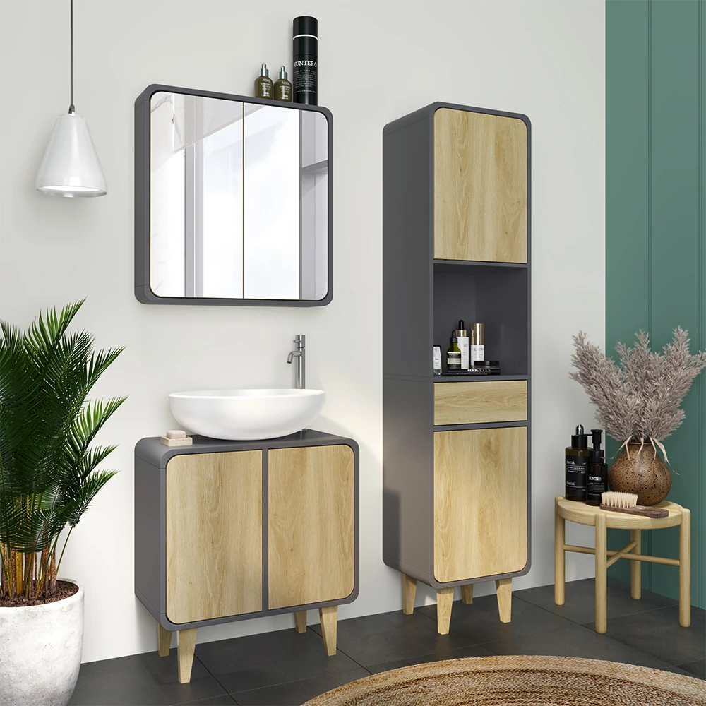 Vicco Badmöbel-Set Anthrazit/Eiche 3 Teile, mit Hochschrank, Arla