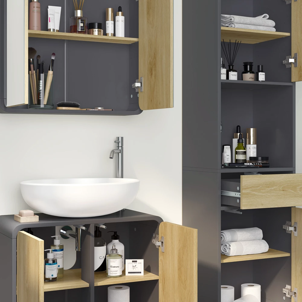 Vicco Badmöbel-Set Anthrazit/Eiche 3 Teile, mit Hochschrank, Arla