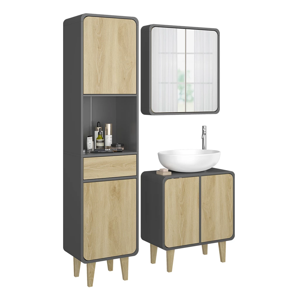 Vicco Badmöbel-Set Anthrazit/Eiche 3 Teile, mit Hochschrank, Arla