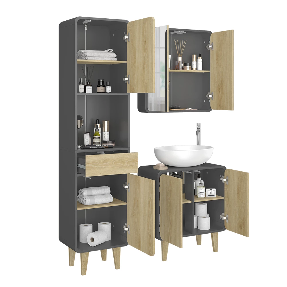 Vicco Badmöbel-Set Anthrazit/Eiche 3 Teile, mit Hochschrank, Arla