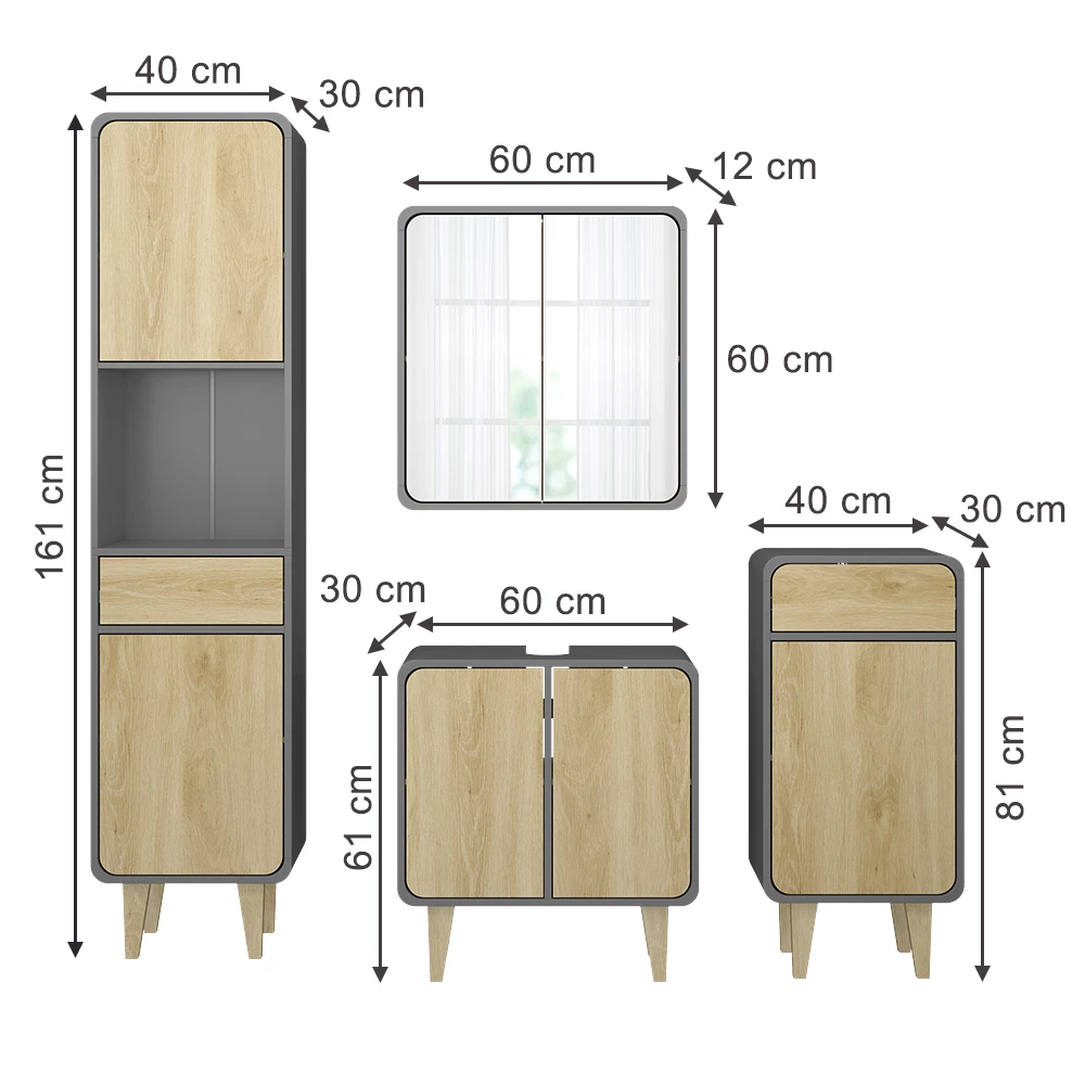 Vicco Set de mobilier de baie Antracit / stejar 4 părți, Arla