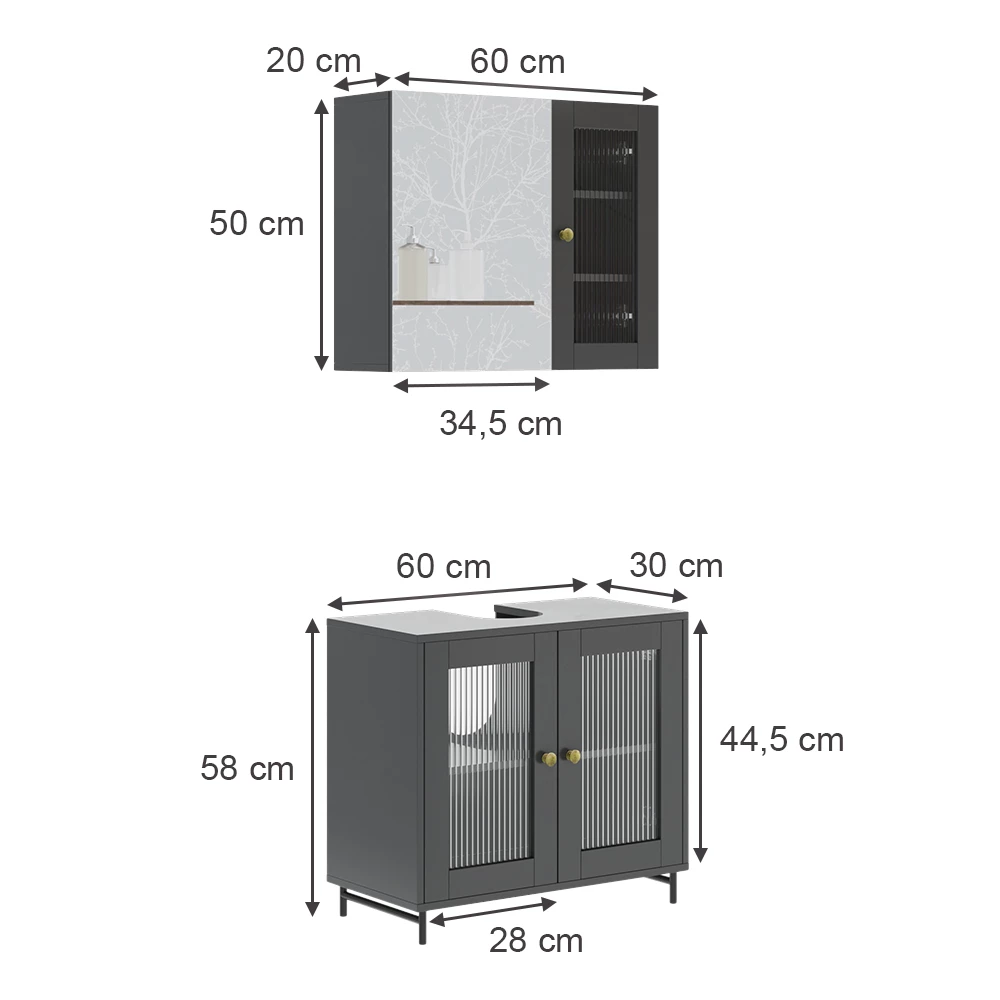 Vicco Badmöbel-Set Grau 2 Teile, Malte