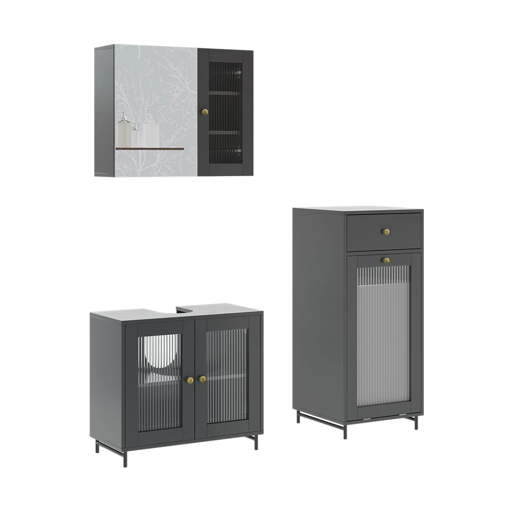 Vicco Badmöbel-Set Grau 3 Teile mit Midischrank, Malte