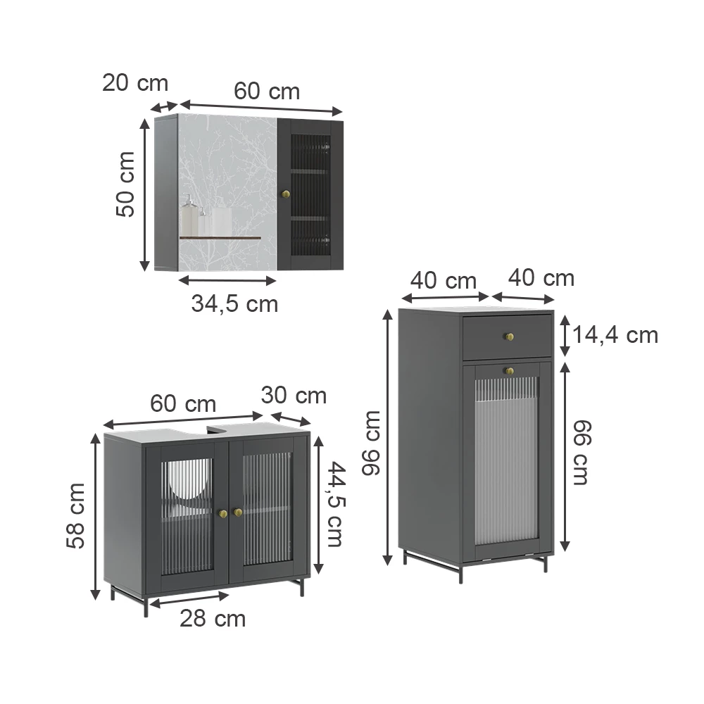 Vicco Badmöbel-Set Grau 3 Teile mit Midischrank, Malte