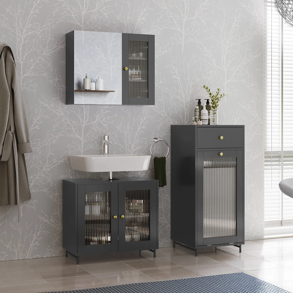 Vicco Badmöbel-Set Grau 3 Teile mit Midischrank, Malte