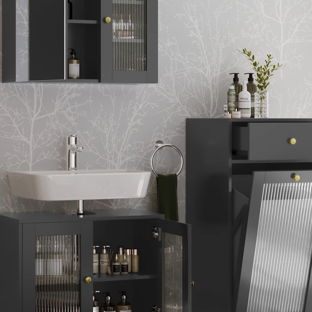 Vicco Badmöbel-Set Grau 3 Teile mit Midischrank, Malte