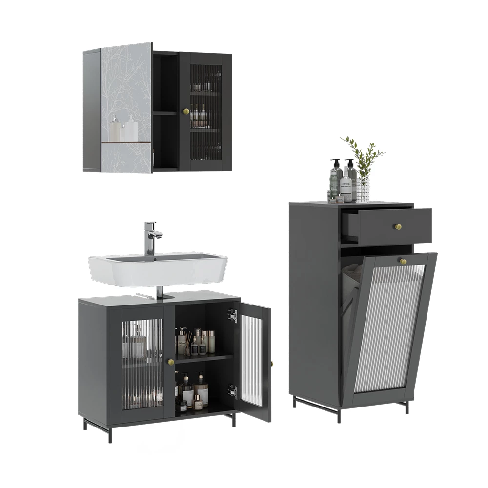Vicco Badmöbel-Set Grau 3 Teile mit Midischrank, Malte
