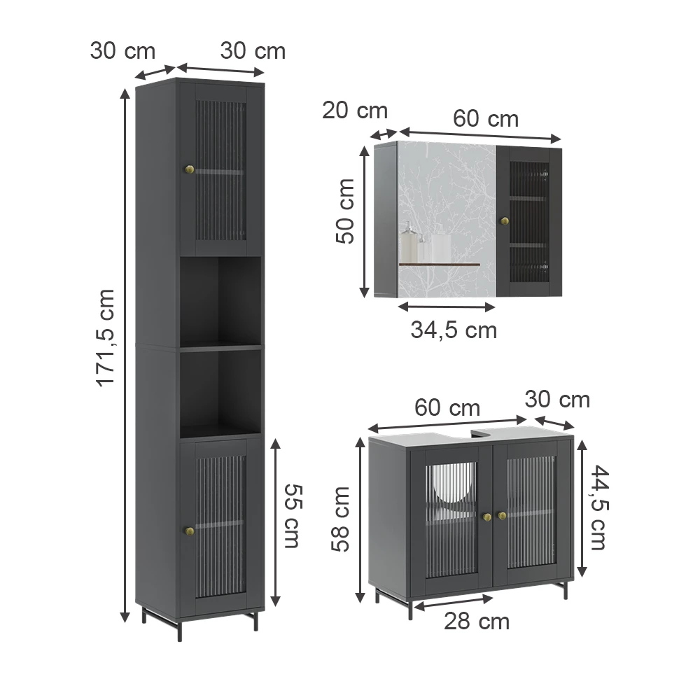 Vicco Badmöbel-Set Grau 3 Teile mit Hochschrank, Malte