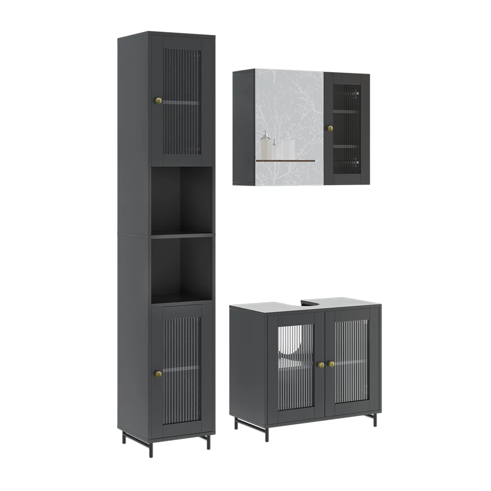 Vicco Badmöbel-Set Grau 3 Teile mit Hochschrank, Malte