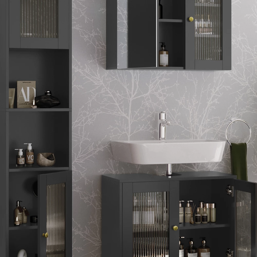 Vicco Badmöbel-Set Grau 3 Teile mit Hochschrank, Malte