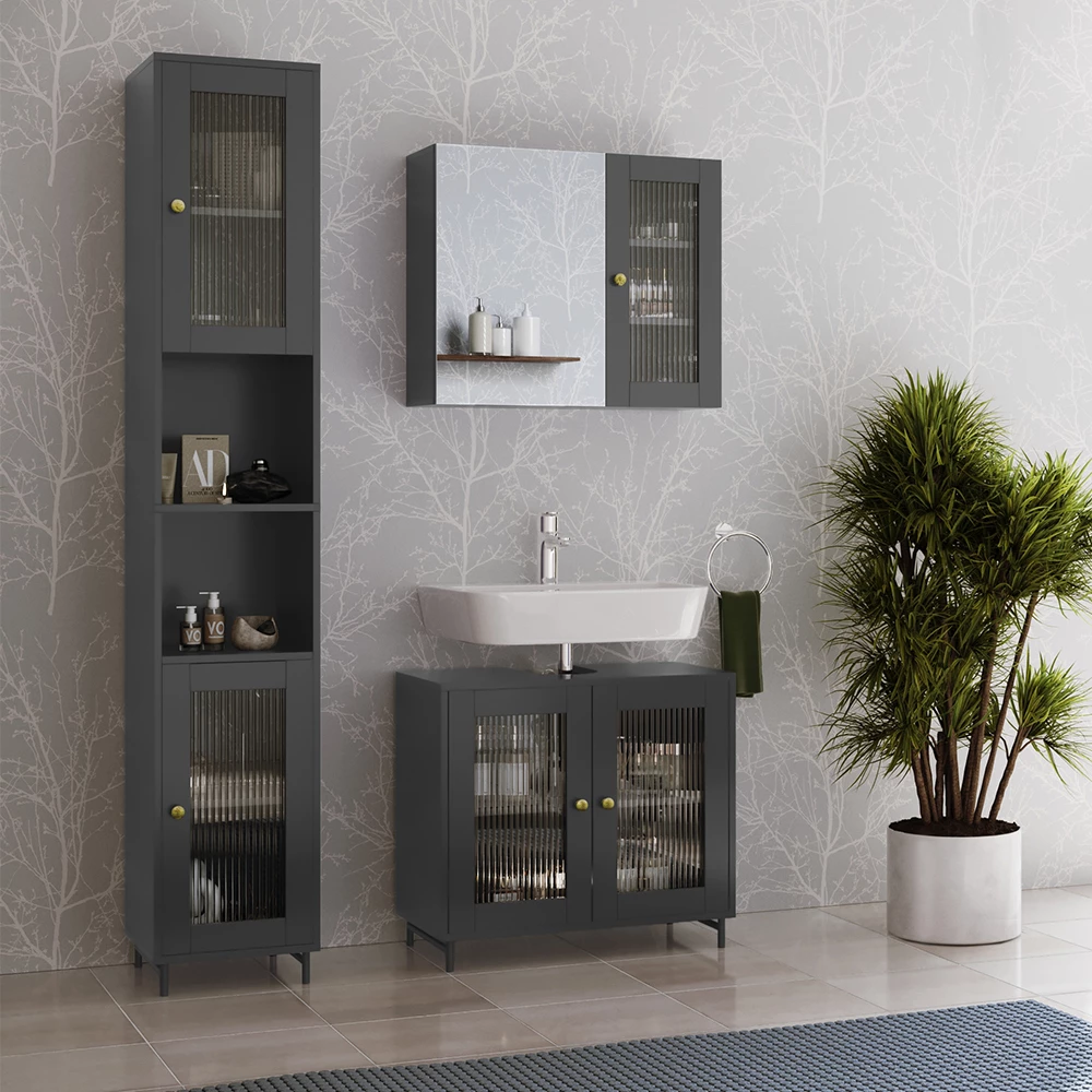 Vicco Badmöbel-Set Grau 3 Teile mit Hochschrank, Malte
