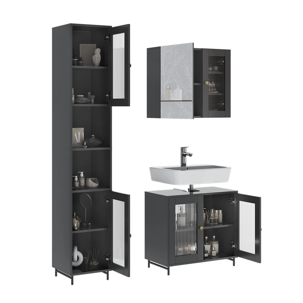 Vicco Badmöbel-Set Grau 3 Teile mit Hochschrank, Malte