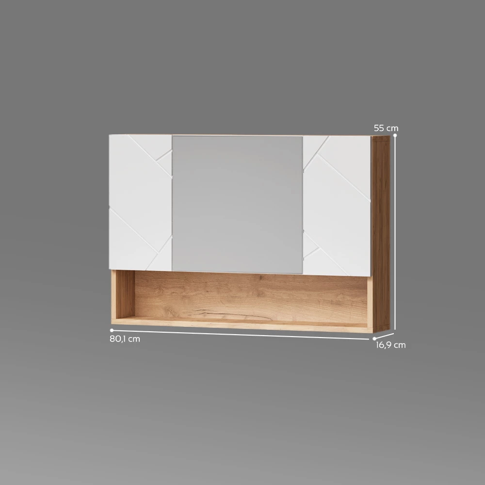 Badspiegelschrank in Weiß Hochglanz/Goldkraft Eiche auf weißem Hintergrund mit sichtbaren Maßen