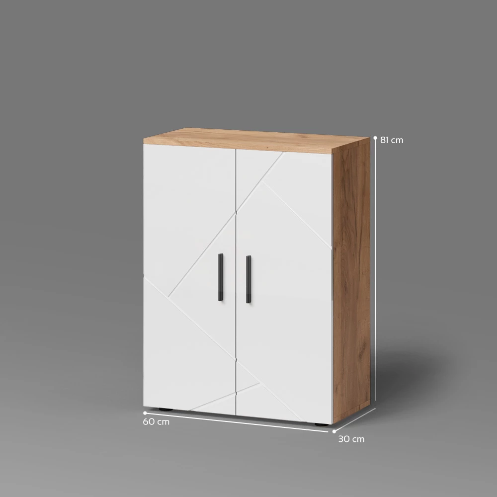 Midischrank in Weiß Hochglanz/Goldkraft Eiche auf weißem Hintergrund mit sichtbaren Maßen