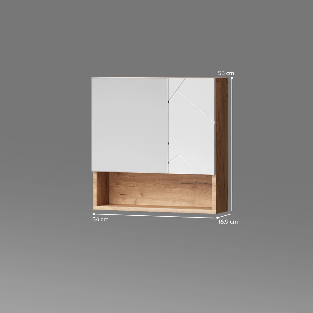 Badspiegelschrank in Weiß Hochglanz/Goldkraft Eiche auf weißem Hintergrund mit sichtbaren Maßen