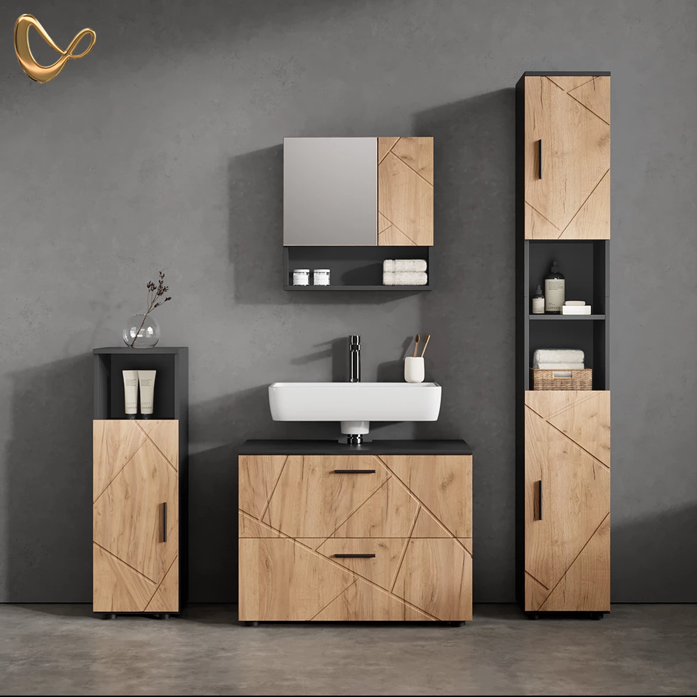 Badmöbel-Set in Goldkraft Eiche/Anthrazit, dargestellt im Ambiente und auf weißem Hintergrund