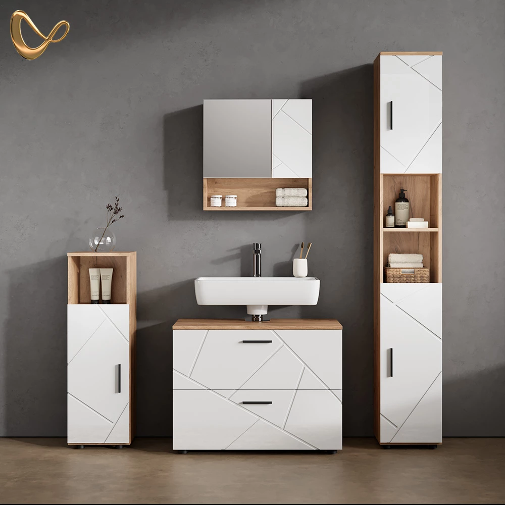livinity® Badmöbel-Set Weiß Hochglanz/Goldkraft Eiche 4 Teile, mit Schubladenschrank und Hochschrank, Ronco