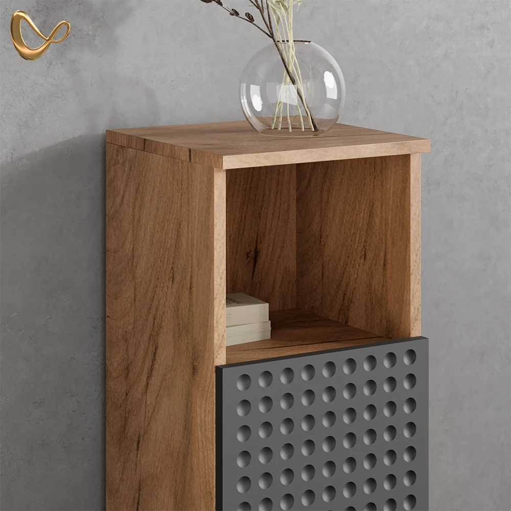 Nahaufnahme von Badmöbel-Set in Anthrazit gepunktet, zeigt Design- und Oberflächendetails