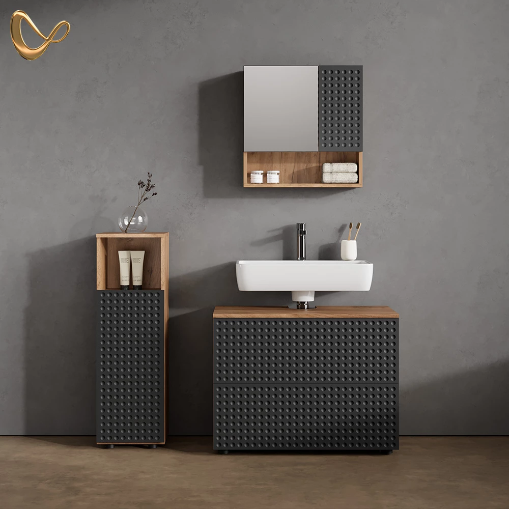 Badmöbel-Set in Anthrazit gepunktet, dargestellt im Ambiente und auf weißem Hintergrund