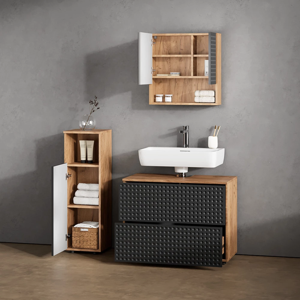 Nahaufnahme von Badmöbel-Set in Anthrazit gepunktet, zeigt Textur/Details