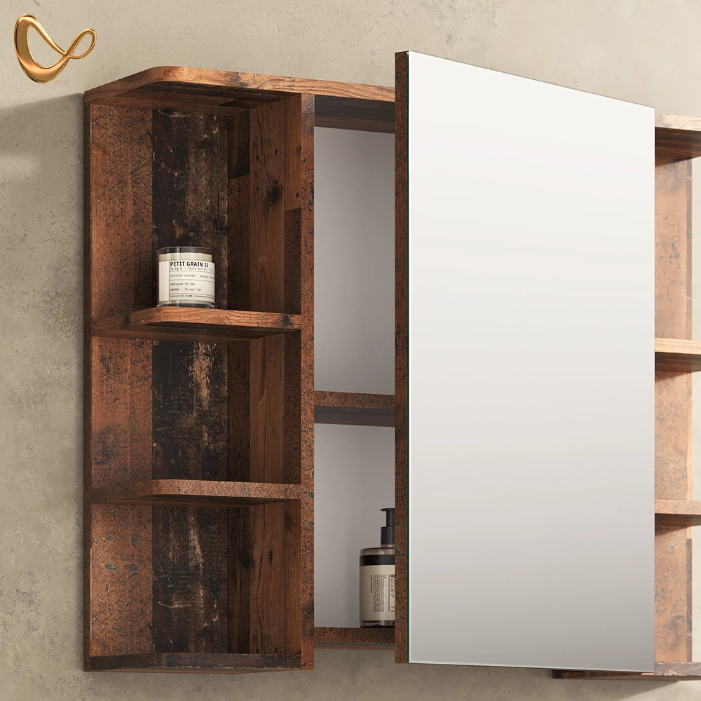 Nahaufnahme von Badspiegelschrank in Antikholz, zeigt Design- und Oberflächendetails