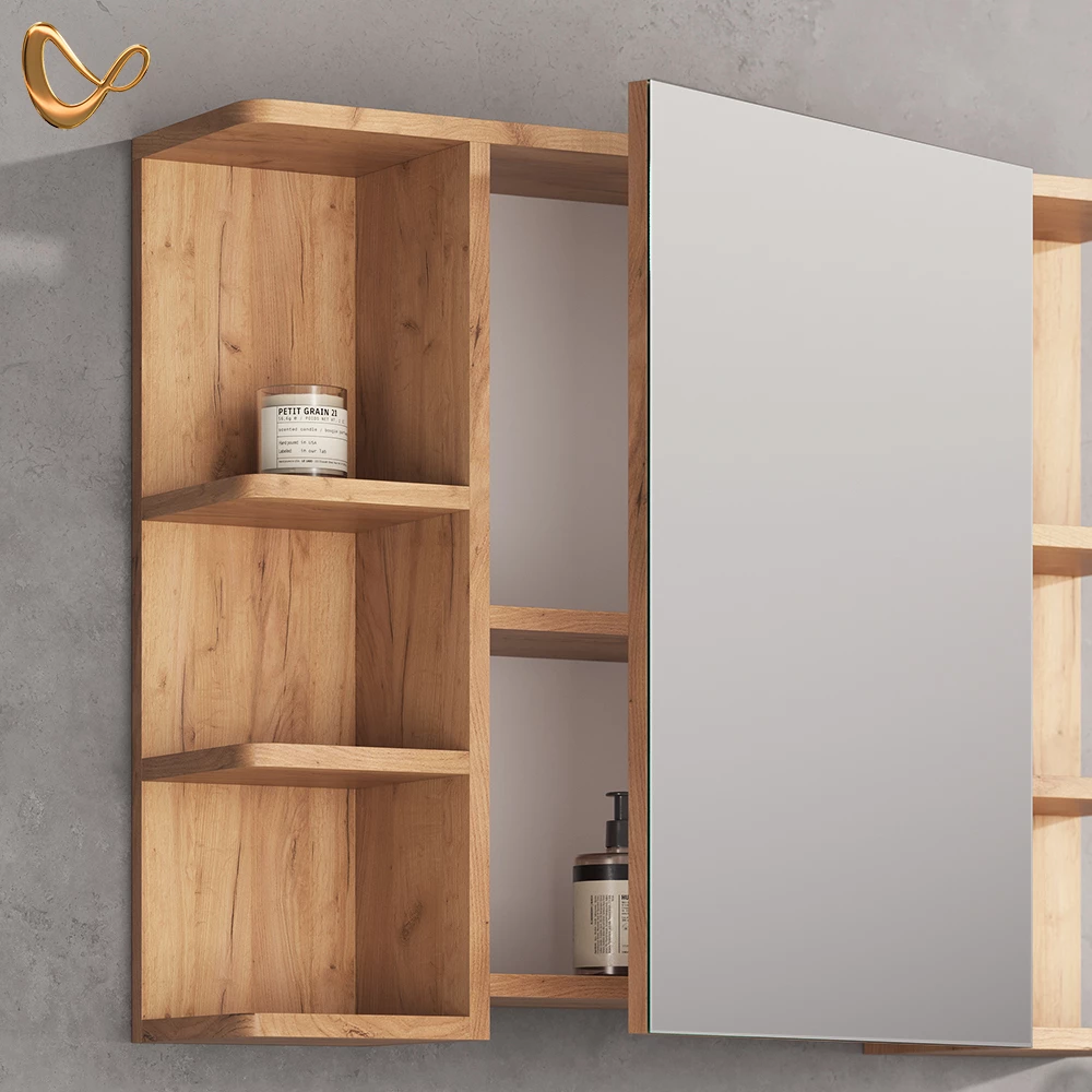 Nahaufnahme von Badspiegelschrank in Eiche, zeigt Design- und Oberflächendetails