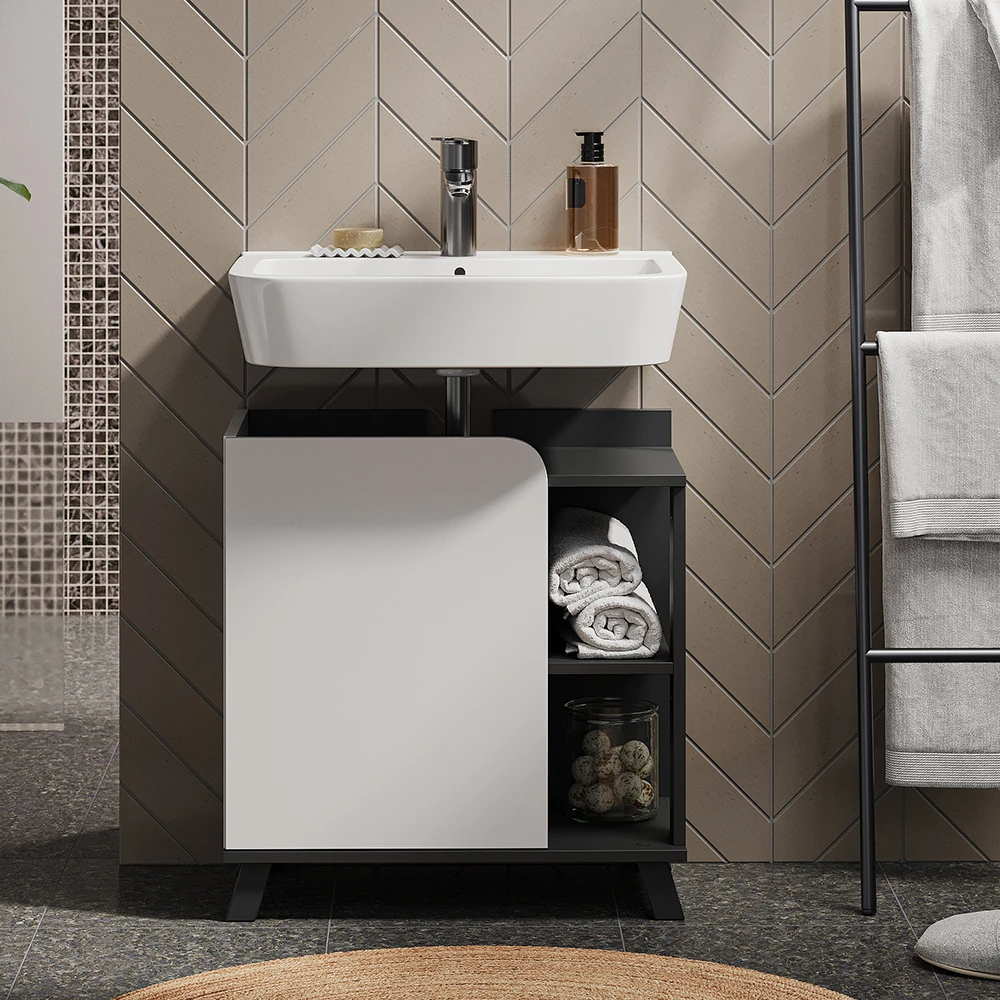 Vicco Wastafelonderbouw "Karen", Antraciet/wit, 60 x 65 cm met deur en open vakken
