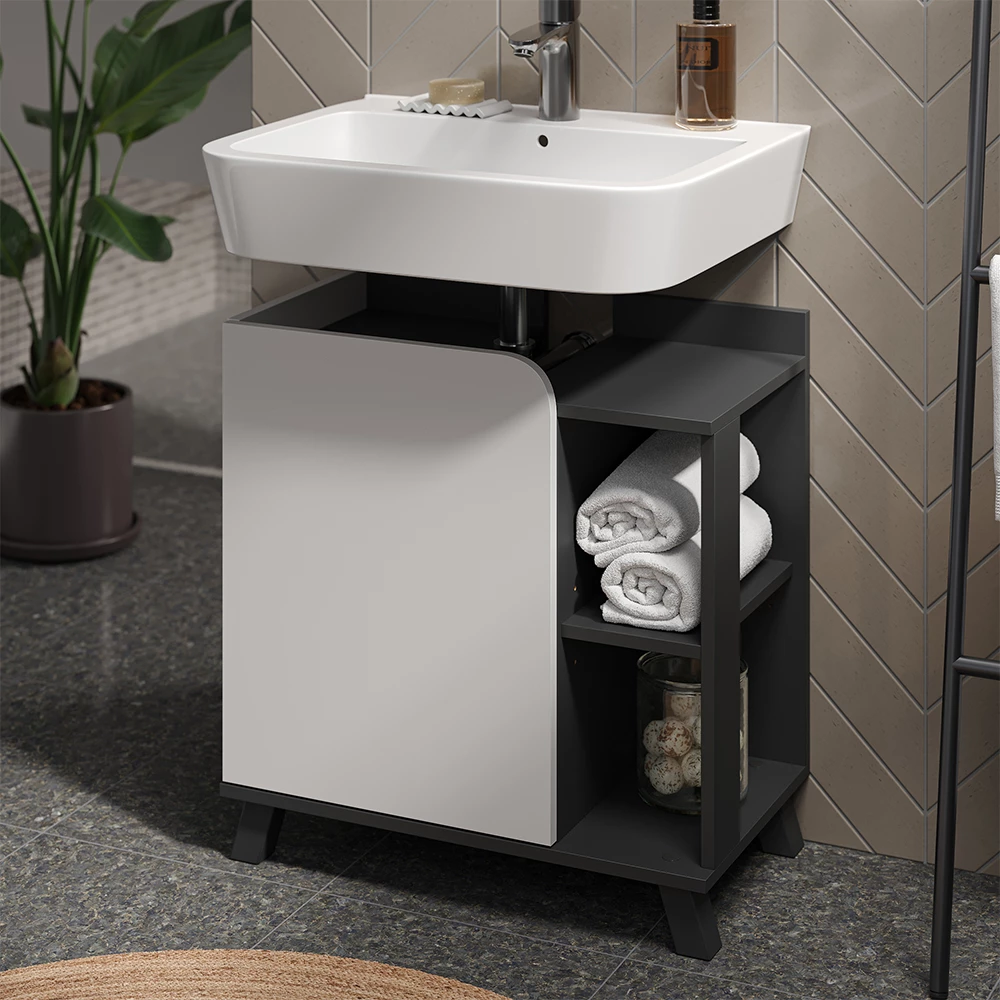 Vicco Wastafelonderbouw "Karen", Antraciet/wit, 60 x 65 cm met deur en open vakken