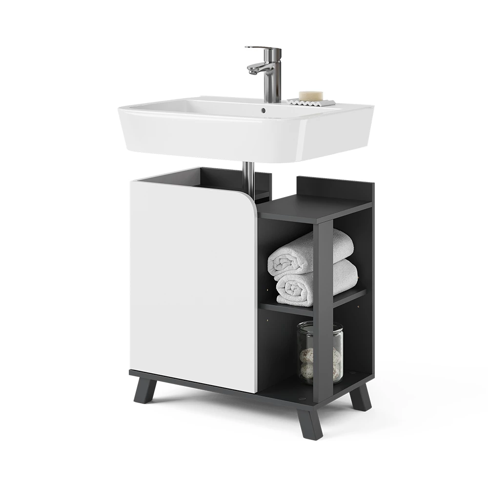 Vicco Wastafelonderbouw "Karen", Antraciet/wit, 60 x 65 cm met deur en open vakken