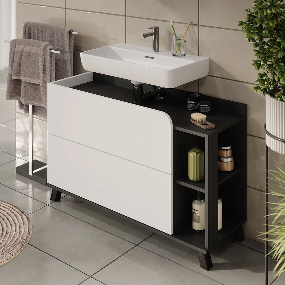 Vicco Wastafelonderkast "Karen", Antraciet/wit, 100 x 65 cm met 2 deuren en laden