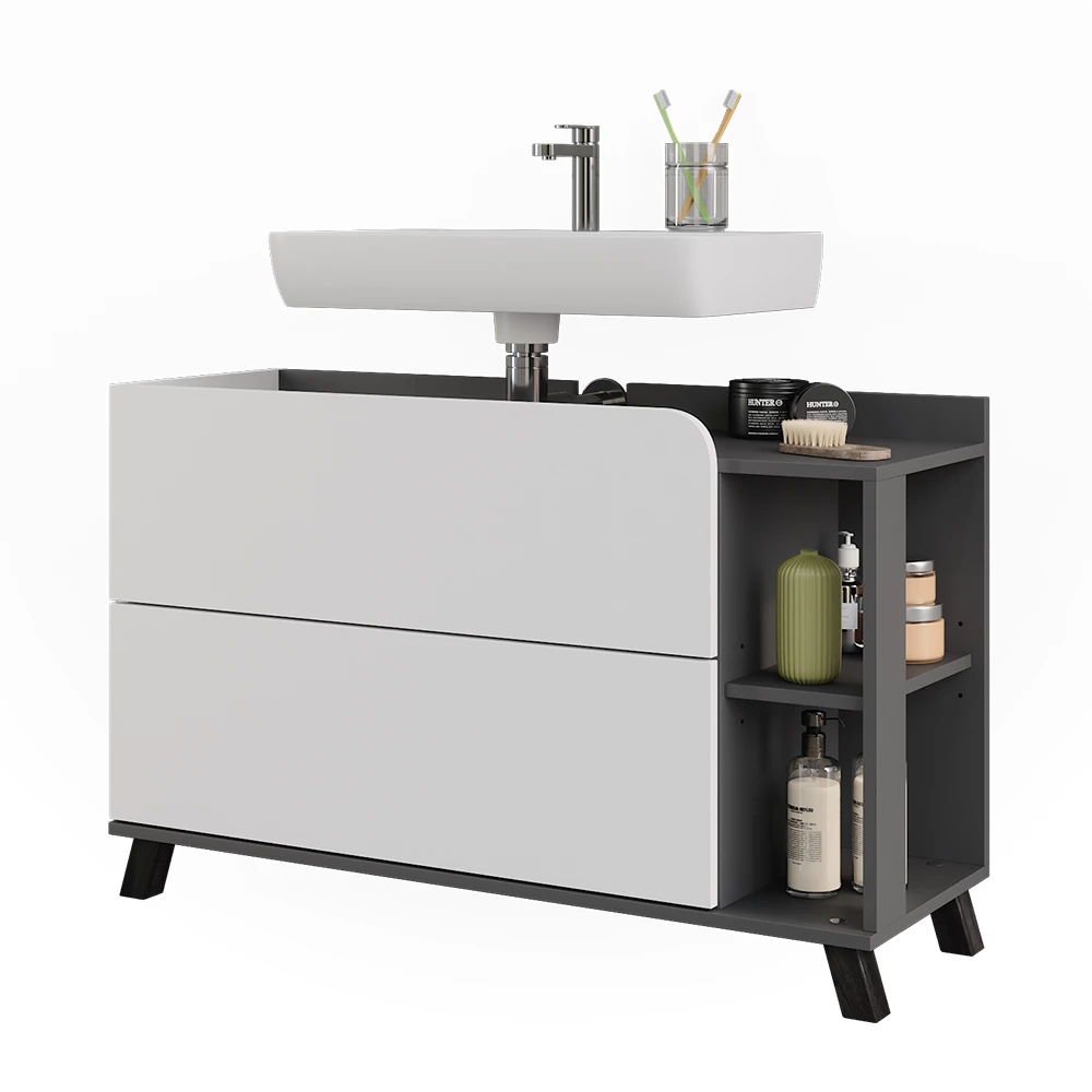 Vicco Wastafelonderkast "Karen", Antraciet/wit, 100 x 65 cm met 2 deuren en laden