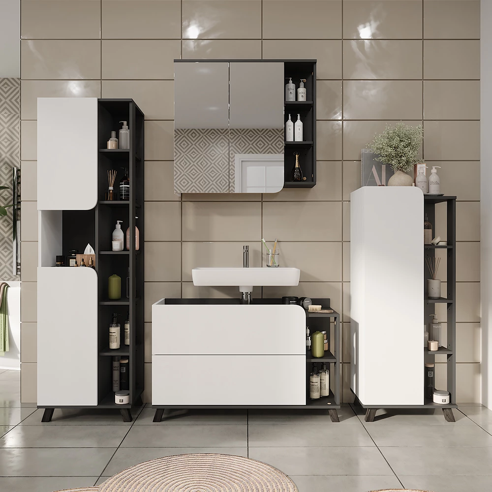 Vicco Wastafelonderkast "Karen", Antraciet/wit, 100 x 65 cm met 2 deuren en laden