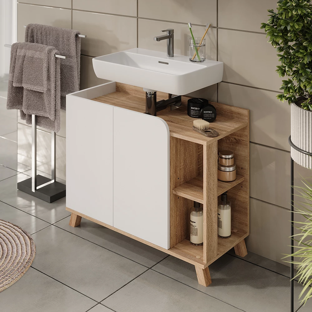 Vicco Waschbeckenunterschrank "Karen", Sonoma/Weiß, 80 x 65 cm mit 2 Türen