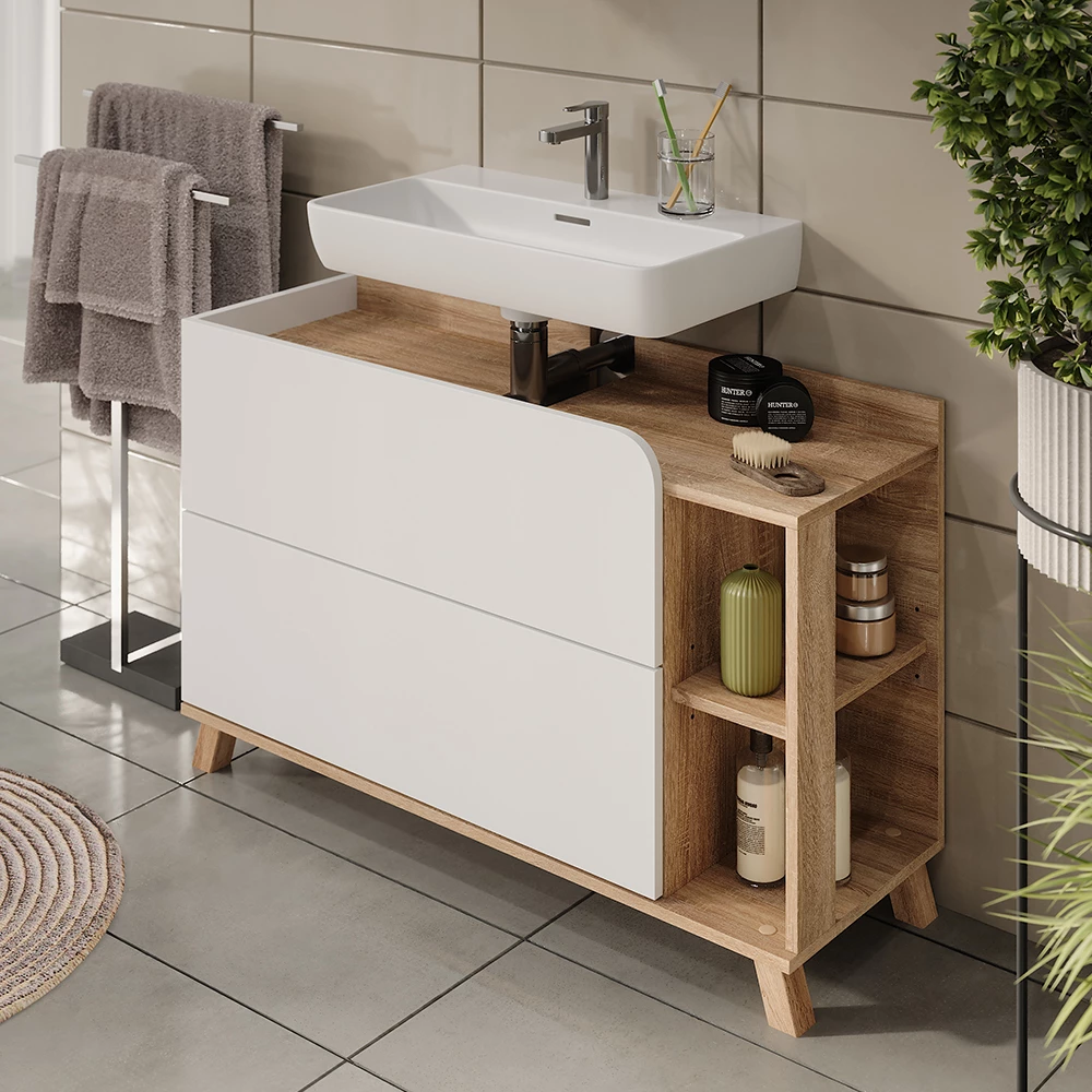 Vicco Mobile sottolavabo per bagno "Karen", Sonoma/Bianco, 100 x 65 cm con 2 porte e cassetti