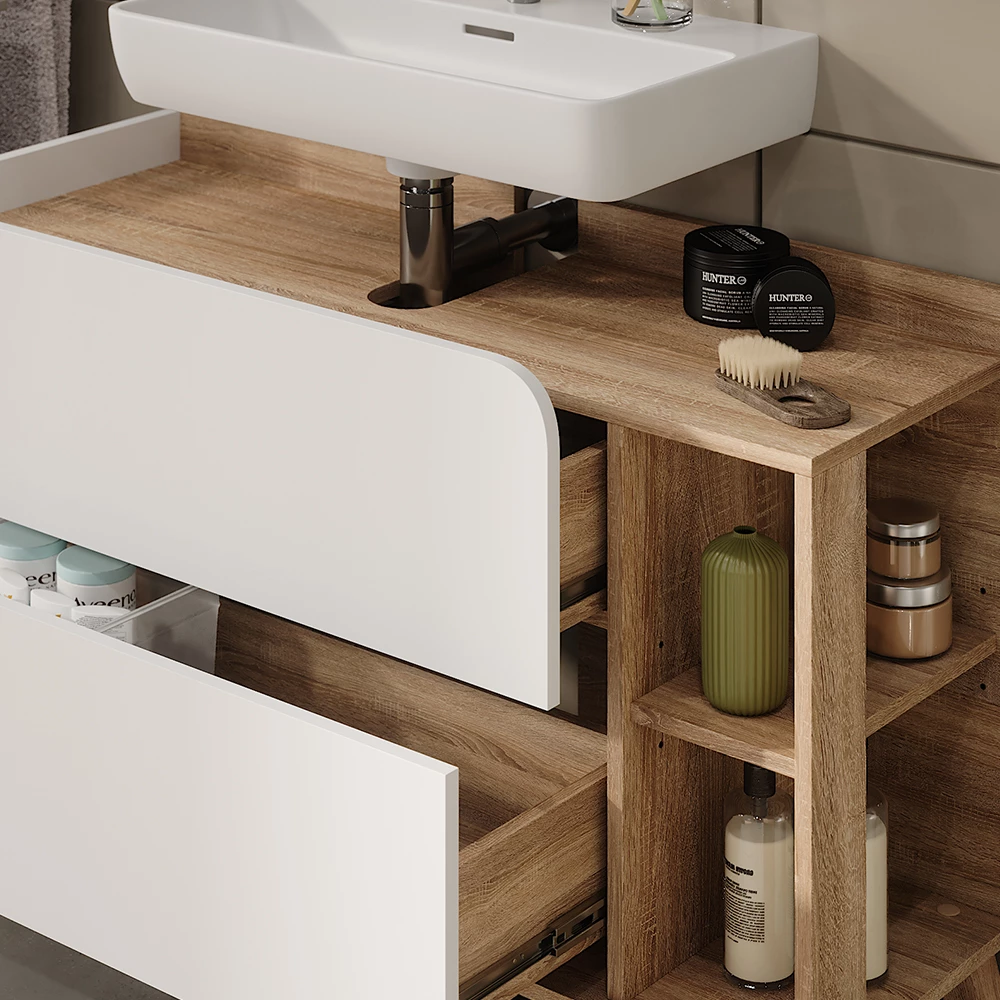Vicco Mobile sottolavabo per bagno "Karen", Sonoma/Bianco, 100 x 65 cm con 2 porte e cassetti