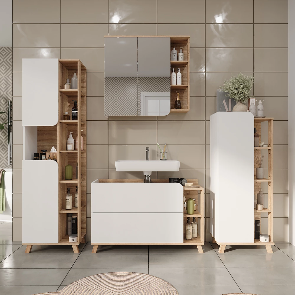 Vicco Mobile sottolavabo per bagno "Karen", Sonoma/Bianco, 100 x 65 cm con 2 porte e cassetti