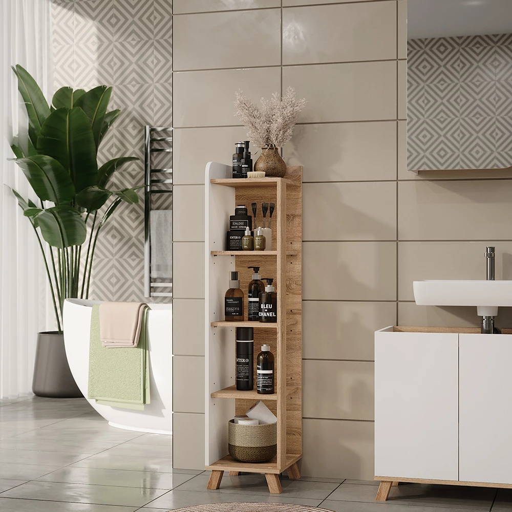 Vicco Badregal "Karen", Sonoma/Weiß, 30 x 128 cm mit 4 Fächern