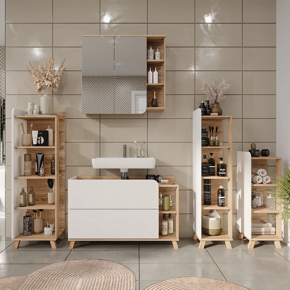 Vicco Badregal "Karen", Sonoma/Weiß, 40 x 128 cm mit 4 Fächern