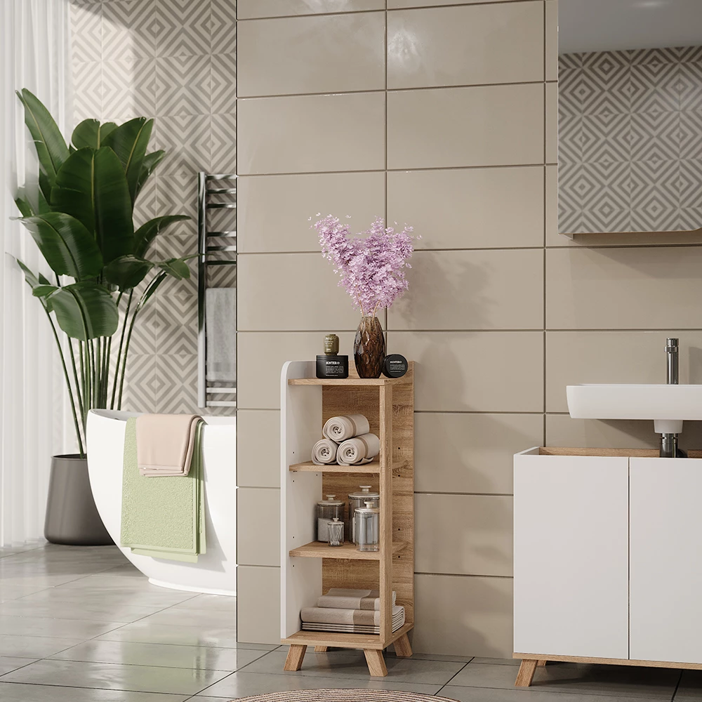 Vicco Midischrank "Karen", Sonoma/Weiß, 30 x 90 cm mit 4 Ablagen