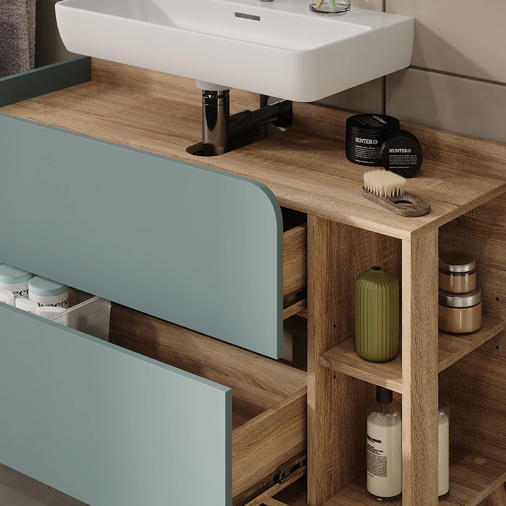 Vicco Mobiletto per lavabo "Karen", Sonoma/blu, 100 x 65 cm con 2 ante e cassetti