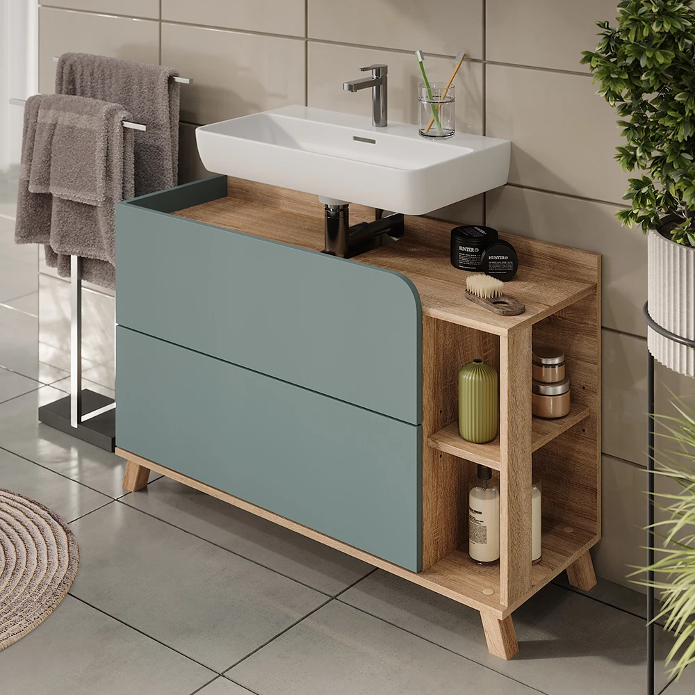 Vicco Mobiletto per lavabo "Karen", Sonoma/blu, 100 x 65 cm con 2 ante e cassetti