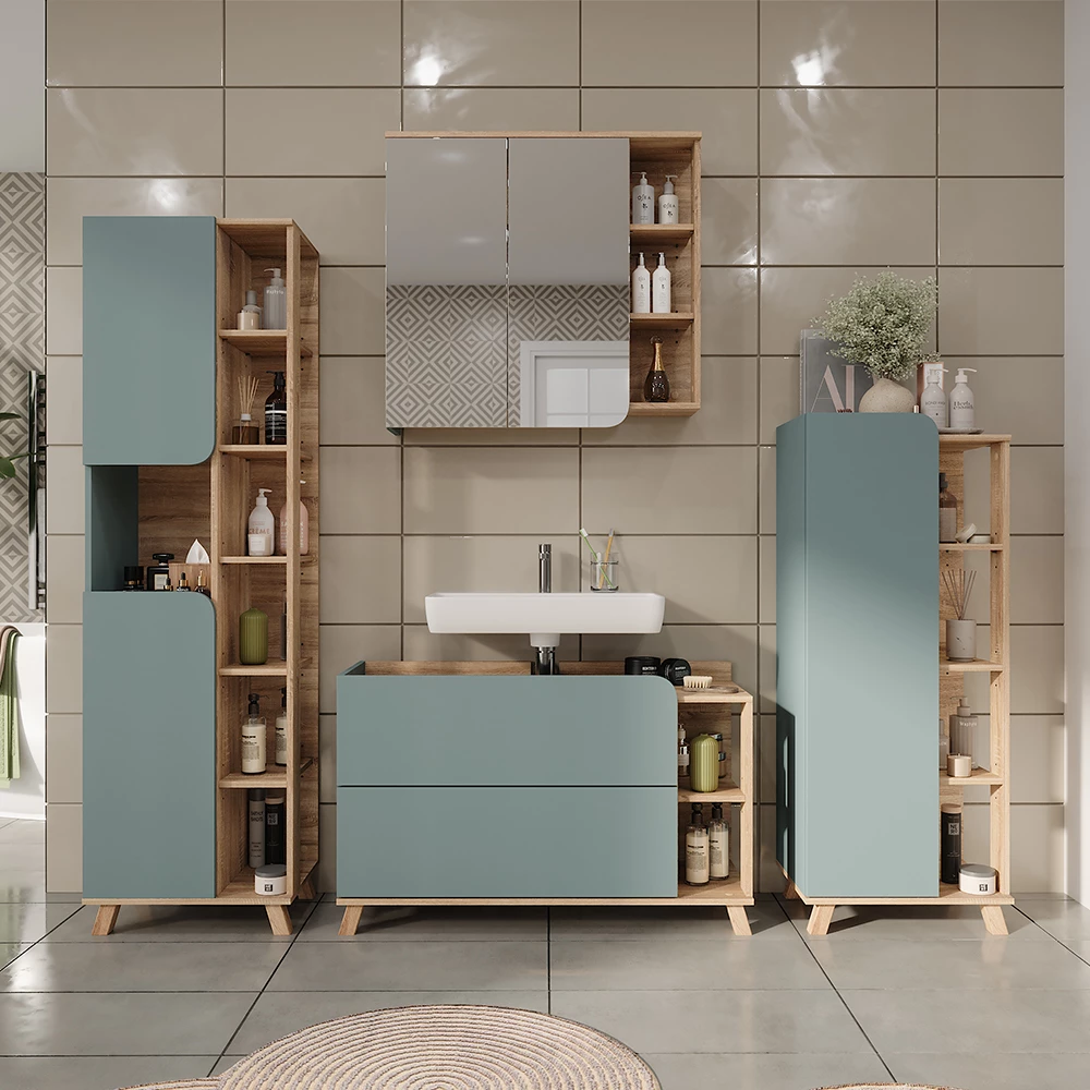 Vicco Mobiletto per lavabo "Karen", Sonoma/blu, 100 x 65 cm con 2 ante e cassetti