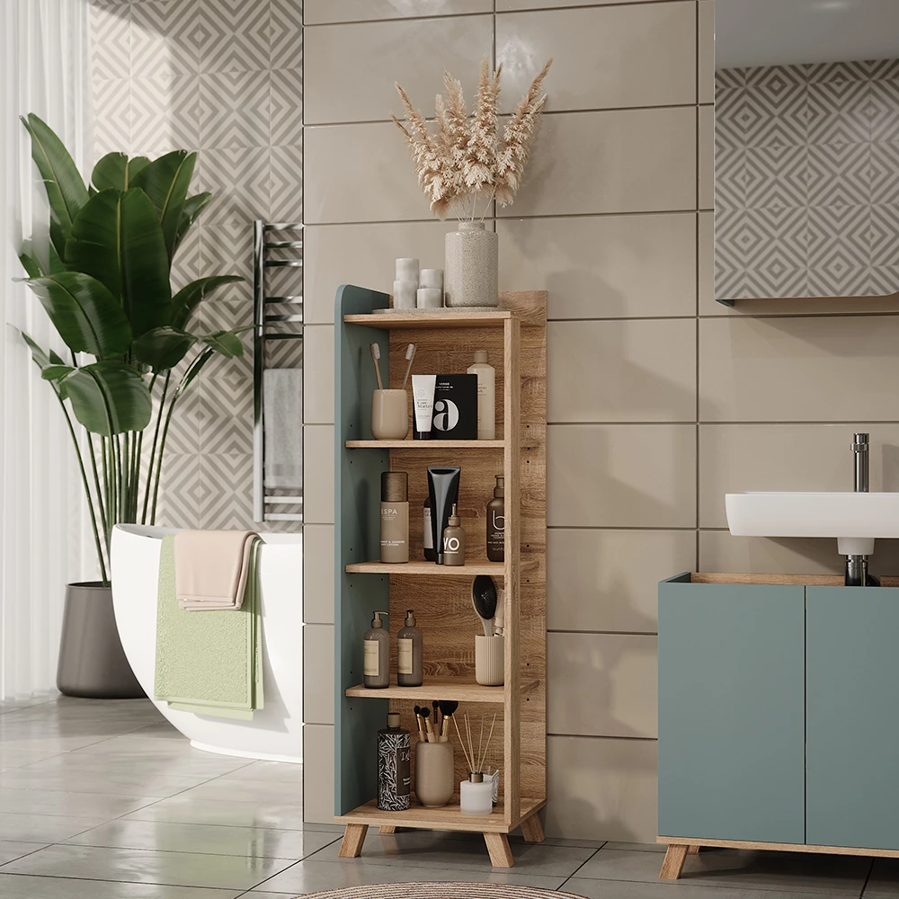 Vicco Badregal "Karen", Sonoma/Blau, 40 x 128 cm mit 4 Fächern