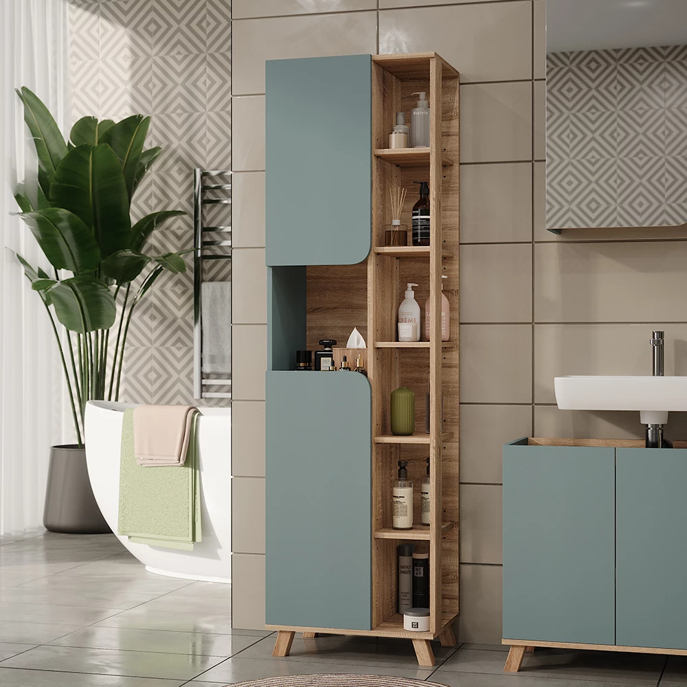 Vicco Badschrank "Karen", Sonoma/Blau, 50 x 175 cm mit 2 Türen