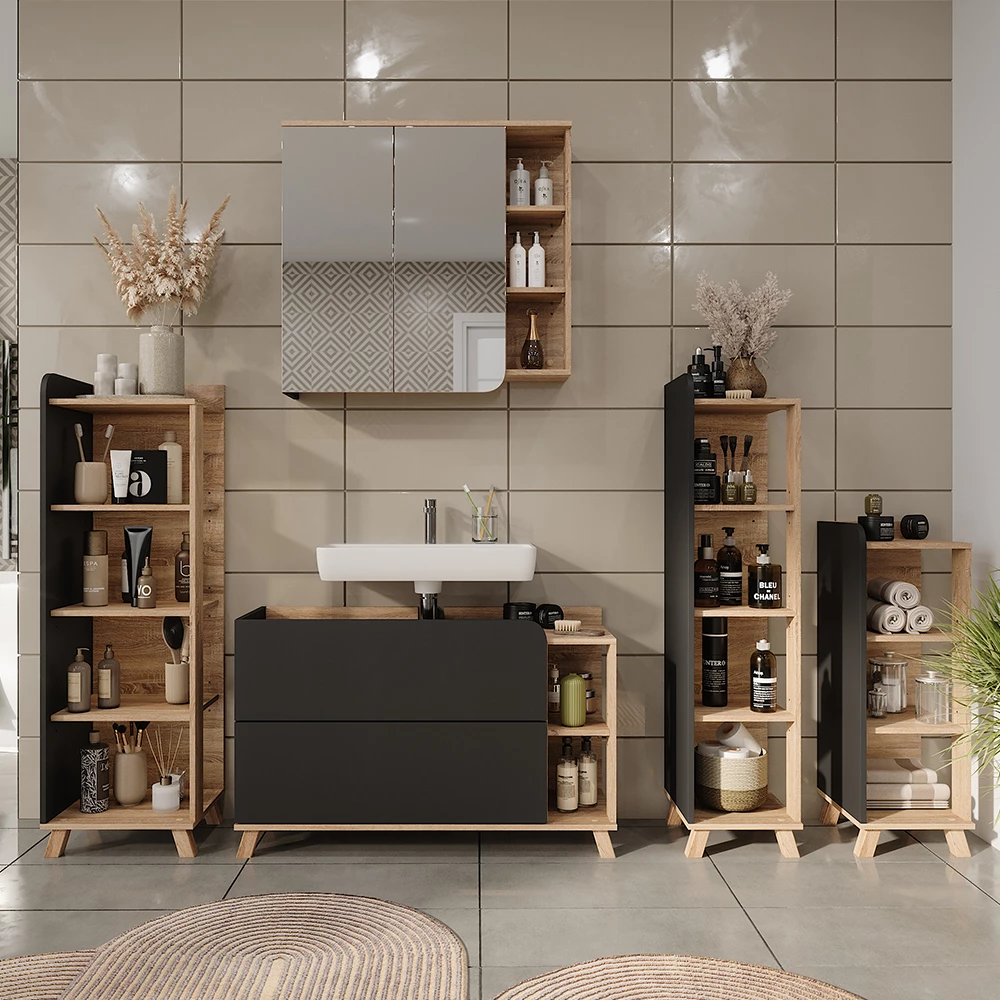 Vicco Badregal "Karen", Sonoma/Anthrazit, 30 x 128 cm mit 4 Fächern