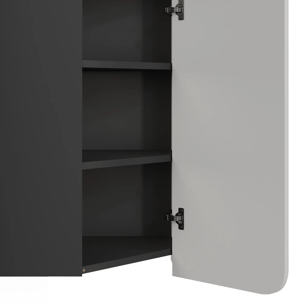 Nahaufnahme von Eckhängeschrank in Anthrazit/Weiß, zeigt Design- und Oberflächendetails