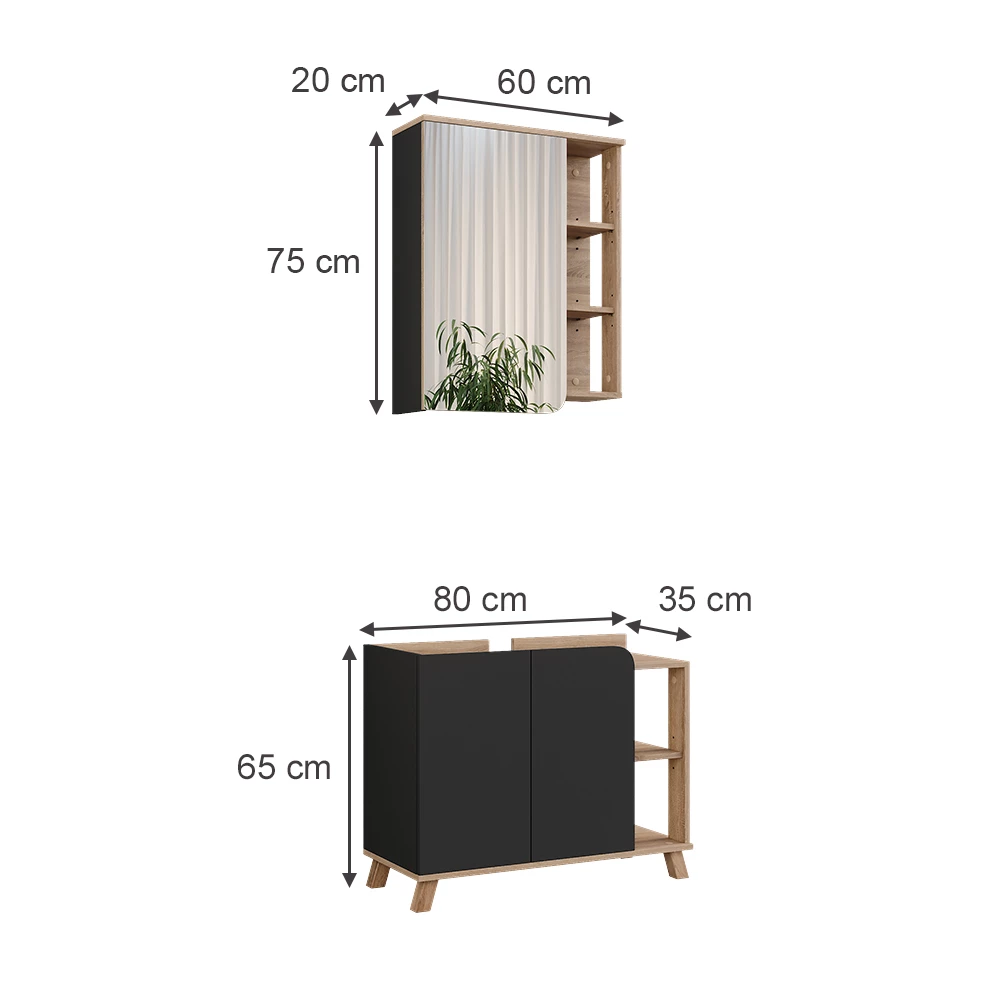 Vicco Set di mobili da bagno Sonoma/antracite 2 parti, Karen